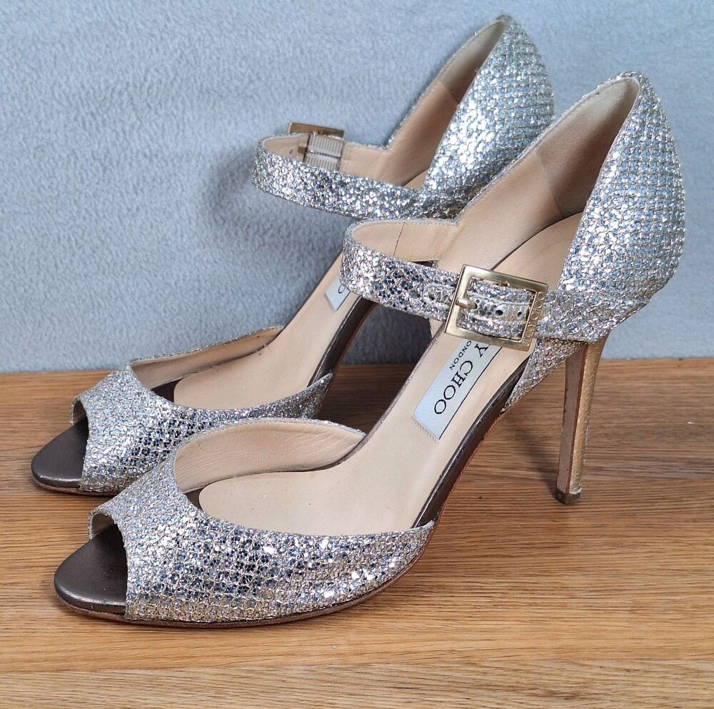 Jimmy Choo Women's US 8.5 EU 38.5 Silver Glitter Strappy Peep Toe Stiletto Heels